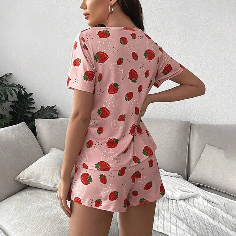 Saviig Strawberry Print Pajama Set: Short Sleeve Top & Shorts, Soft & Comfortable