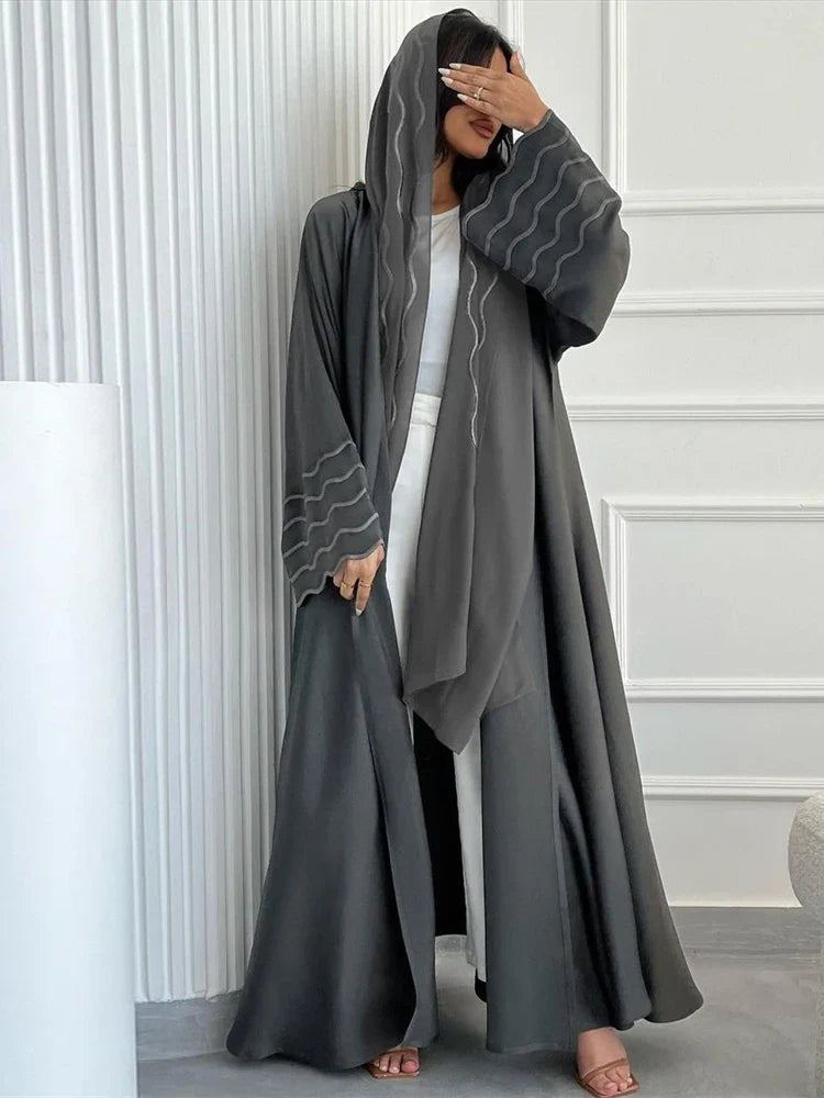 Saviig Ramadan Eid Kimono Abaya Set for Women in Gray Black