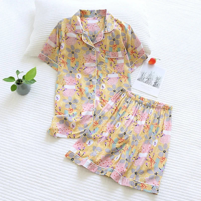 Saviig Summer Pajama Set: Viscose Short-Sleeve Top & Cotton Shorts