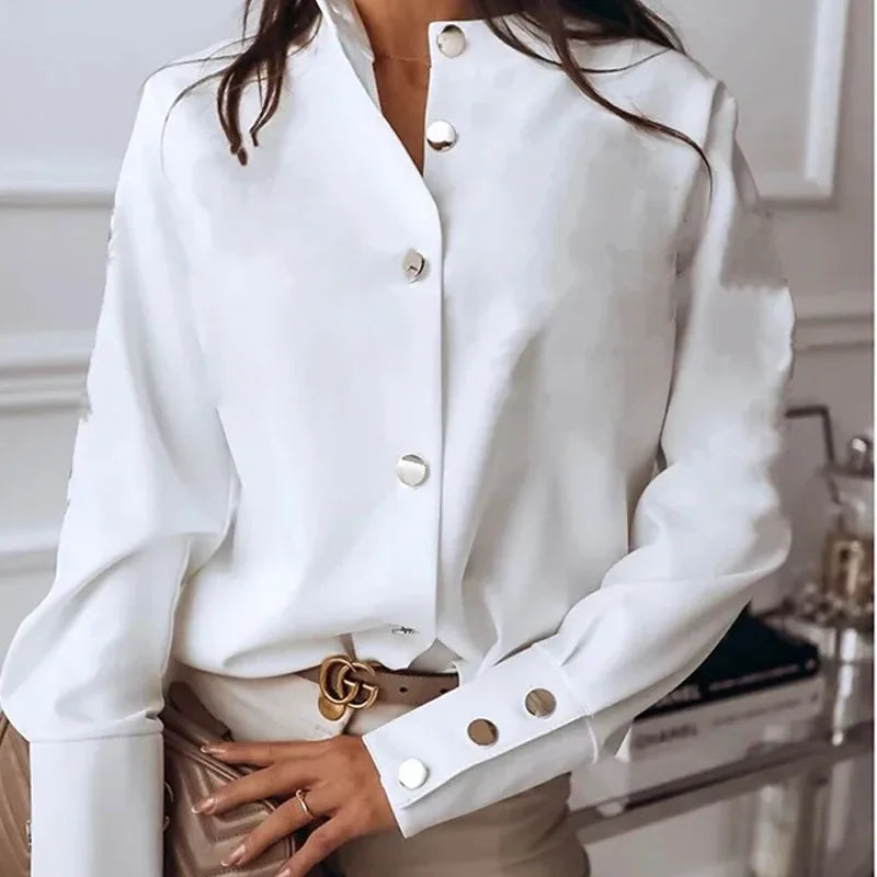 Saviig Stand Collar Button Up Blouse for Office Ladies