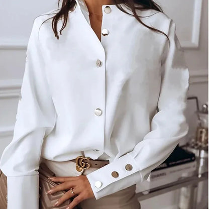 Saviig Stand Collar Button Up Blouse for Office Ladies