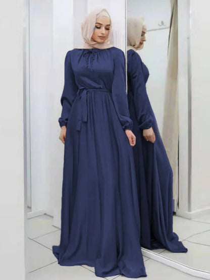 Saviig Lace-Up Satin Maxi Dress with Long Sleeves for Women Muslim Abaya
