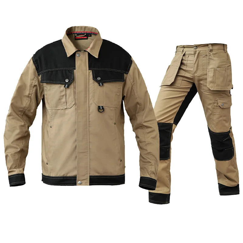 Saviig Cotton Khaki Work Jacket & Trousers: Multi-pocket, Wear-Resistant, Men's Workwear