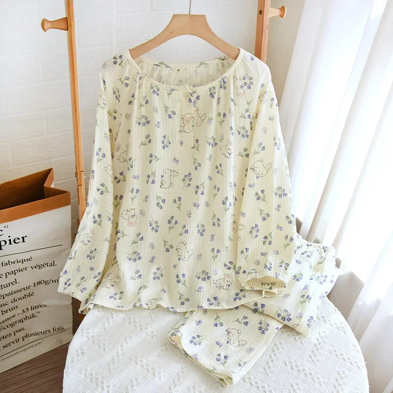 Saviig Cotton Crepe Floral Pajama Set - Pullover Top, Long Pants - Women's Spring & Autumn Fashion