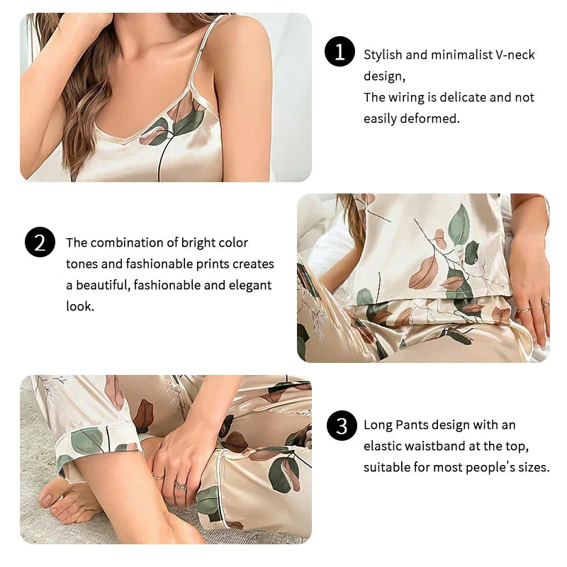 Saviig Leaf Print Pajama Set for Women - Cami Top and Trouser Sleepwear