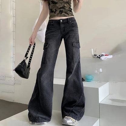 Saviig Flare Cargo Jeans Women High Street Denim Y2K Slimming Trousers