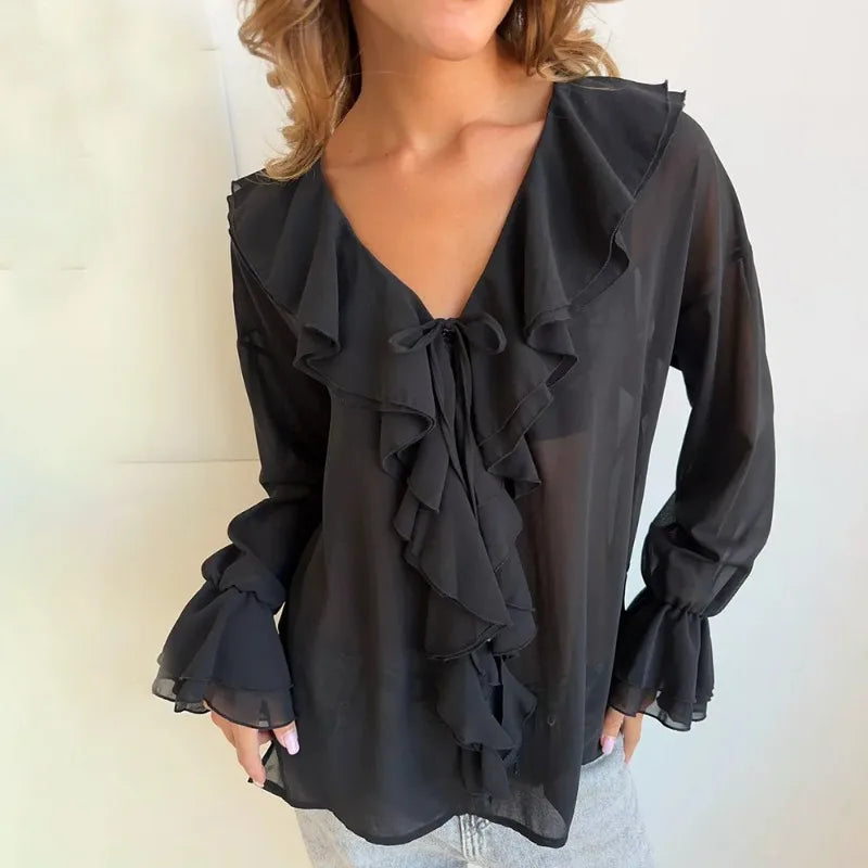 Saviig Summer White Chiffon Ruffle V-Neck Shirt