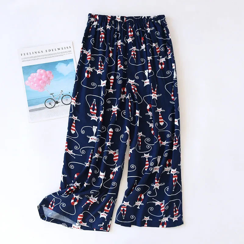 Saviig Summer Viscose Wide Leg Pajama Cropped Pants Plus Size