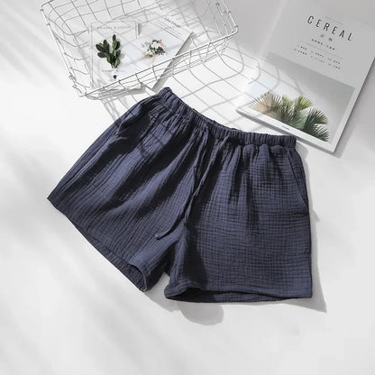 Saviig Cotton Crepe Sleep Shorts for Couples, Elastic Waist Nightwear Pajama Bottoms