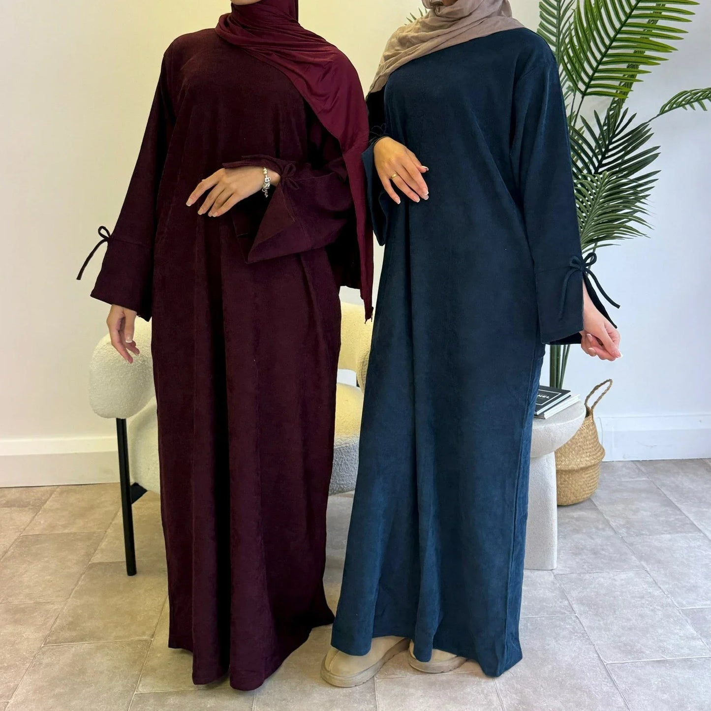 Saviig Corduroy Bowknot Abaya: Modest O Neck Dress with Pockets