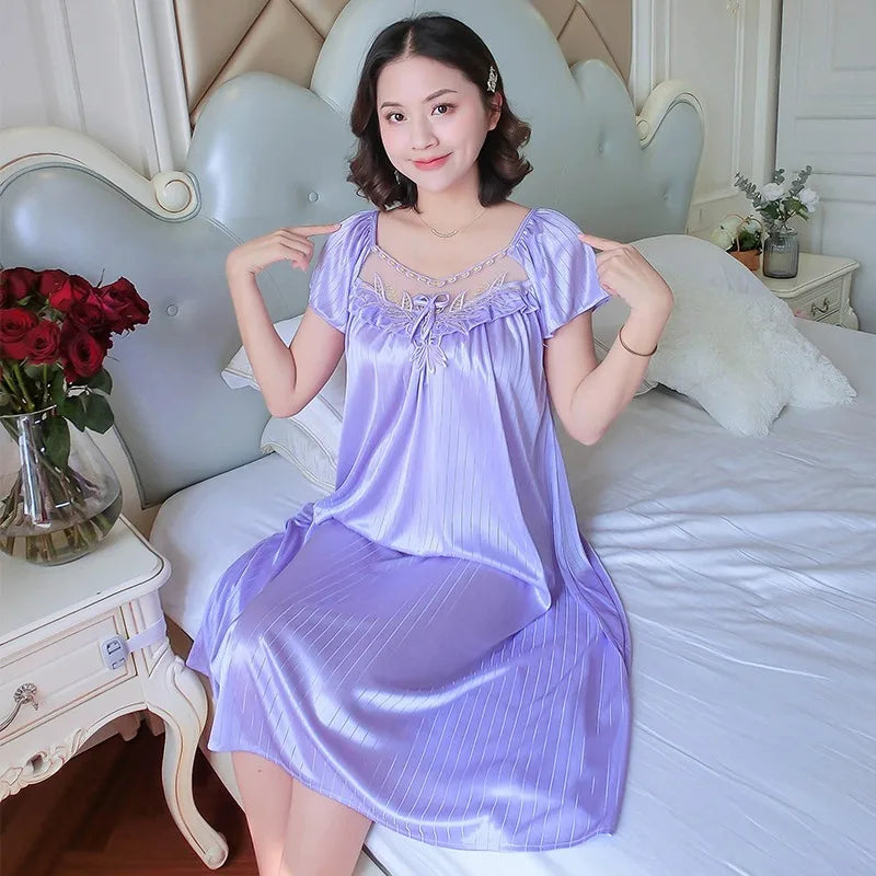 Saviig Ice Silk Nightgown: Short Sleeve Sexy Sleepwear & Lounge Pyjama