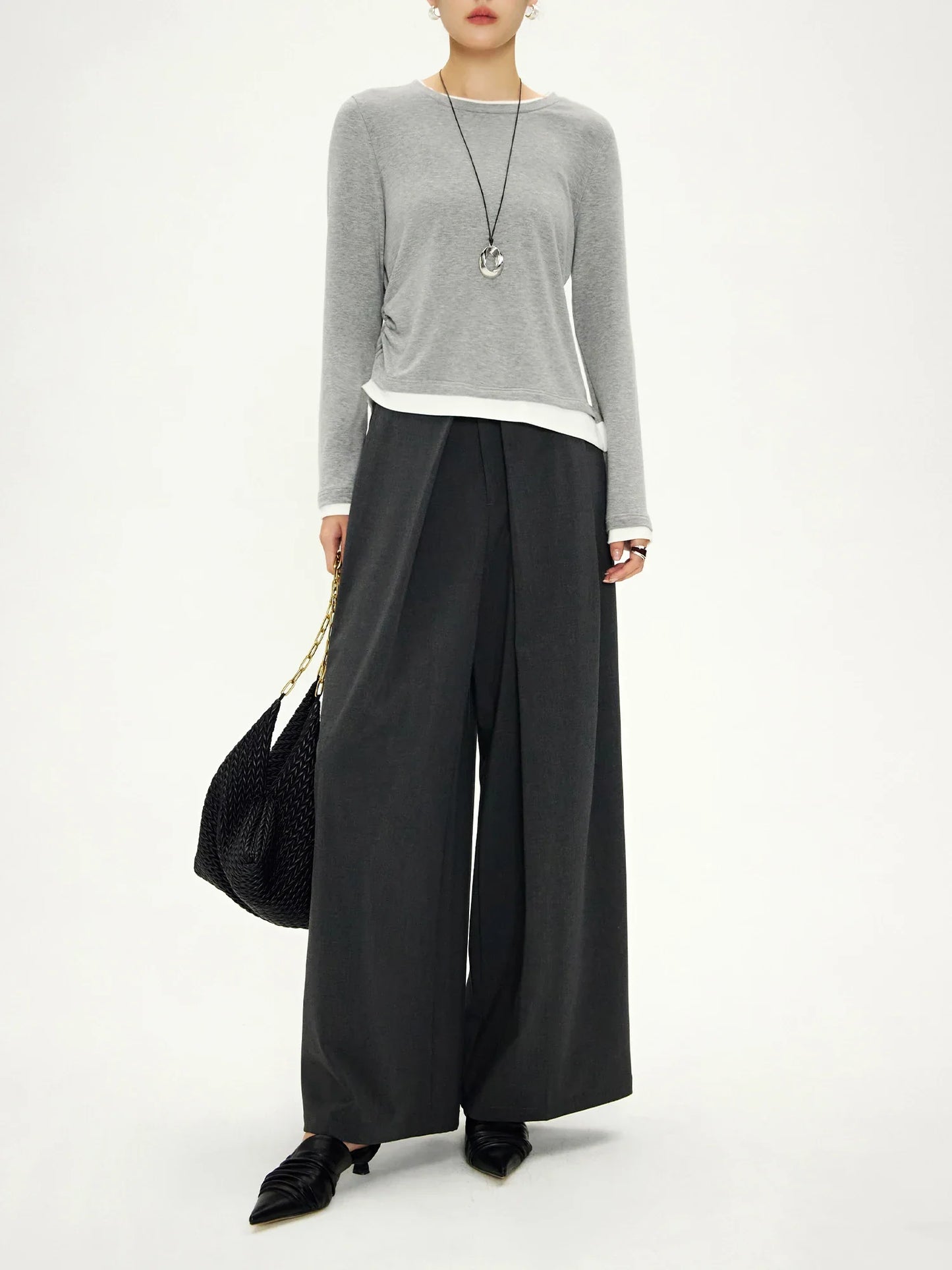 Saviig Pleated Gray Wide-Leg Suit Pants 2024 Autumn Collection