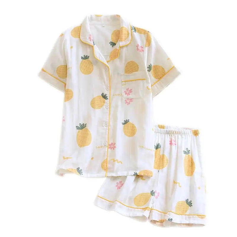 Saviig Flower Print Cotton Pajama Set with Button-down Shirt & Shorts