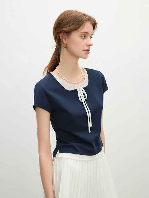 Saviig Navy Blue Fake Two-piece T-shirt Women Summer 2025 Simple Tops