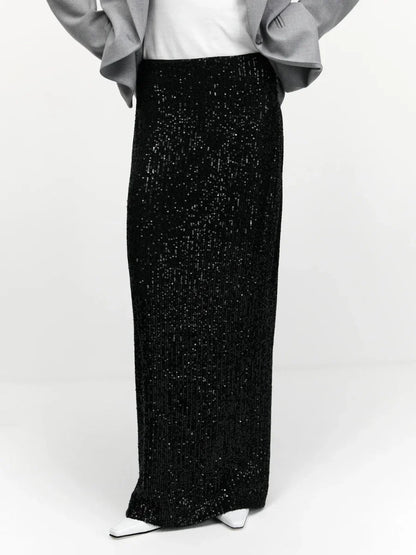 Saviig Silk Sequins Dropped Waist Long Skirt - Elegant Streetwear Fashion