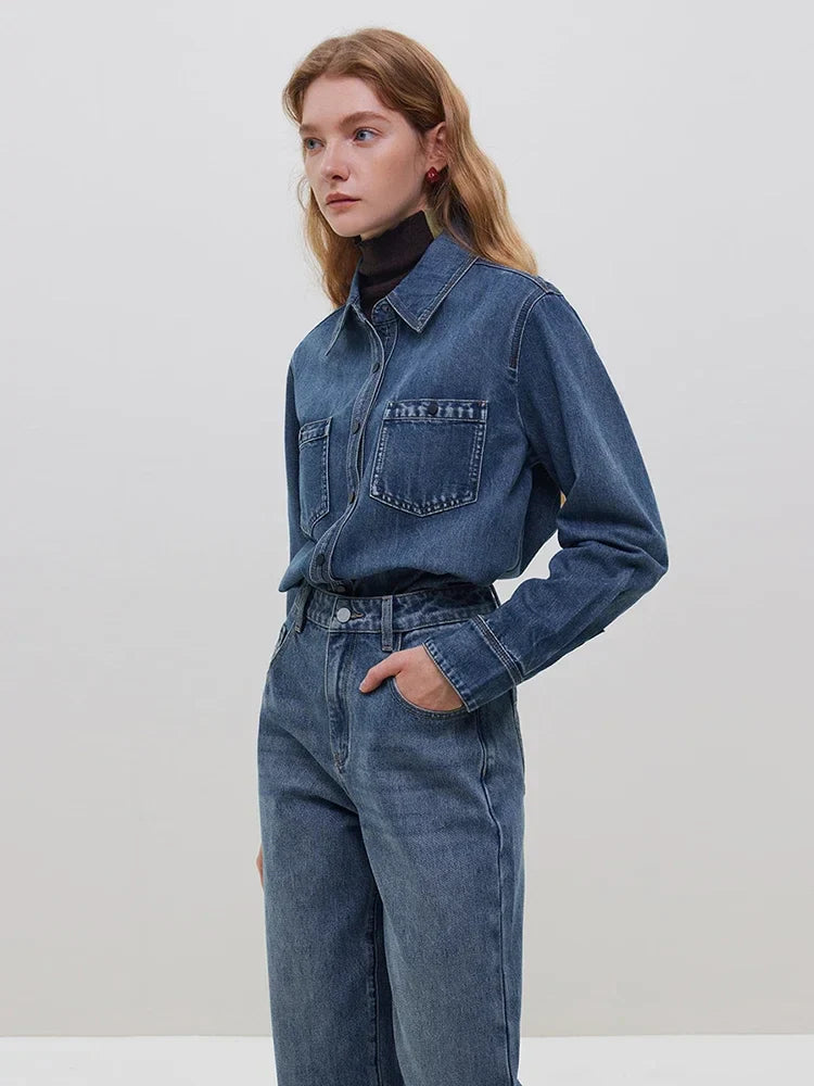 Saviig Cotton Blue Denim Polo Neck Blouse