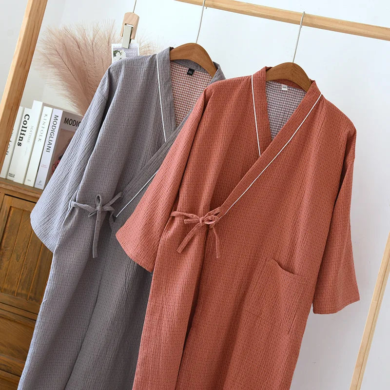 Saviig Japanese Kimono Robe Couple Nightgown 100% Cotton Bathrobe