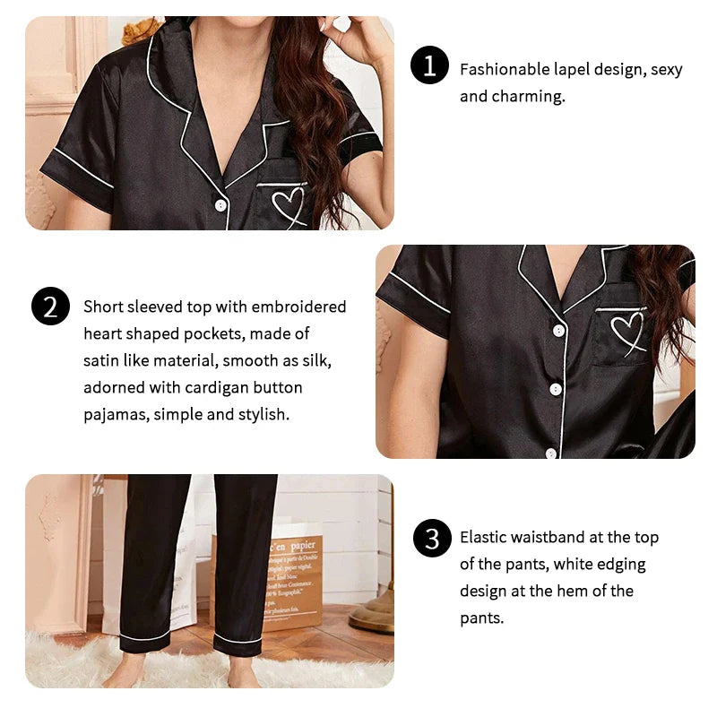 Saviig Women's Summer Pajama Set with Love Embroidery and Pocket