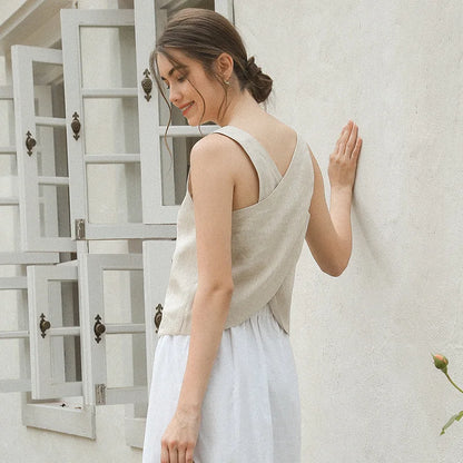 Saviig Linen Cross Back Tank Top Solid Patchwork Summer Haut Femme