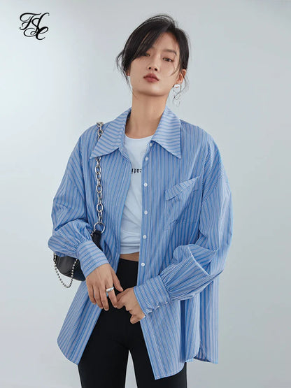 Saviig Blue Striped Button Up Shirt - Women's Oversized Casual Blouse