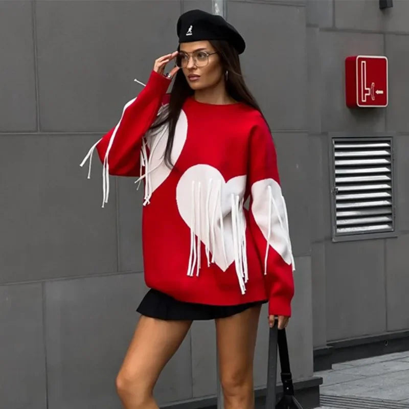 Saviig Heart Print O-Neck Sweater: Women's Casual Knit Pullover with Tassels