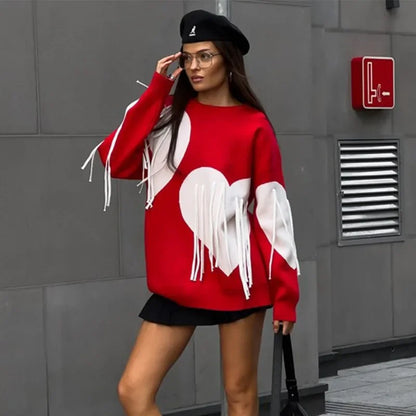 Saviig Heart Print O-Neck Sweater: Women's Casual Knit Pullover with Tassels