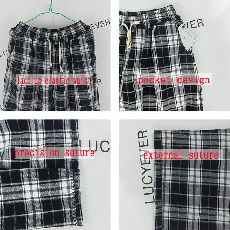 Saviig Harajuku Plaid Pants: Black and White Unisex Wide Leg Trousers