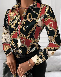Saviig V-Neck Retro Print Elegant Blouse for Women Slim Fit Office Lady Shirt