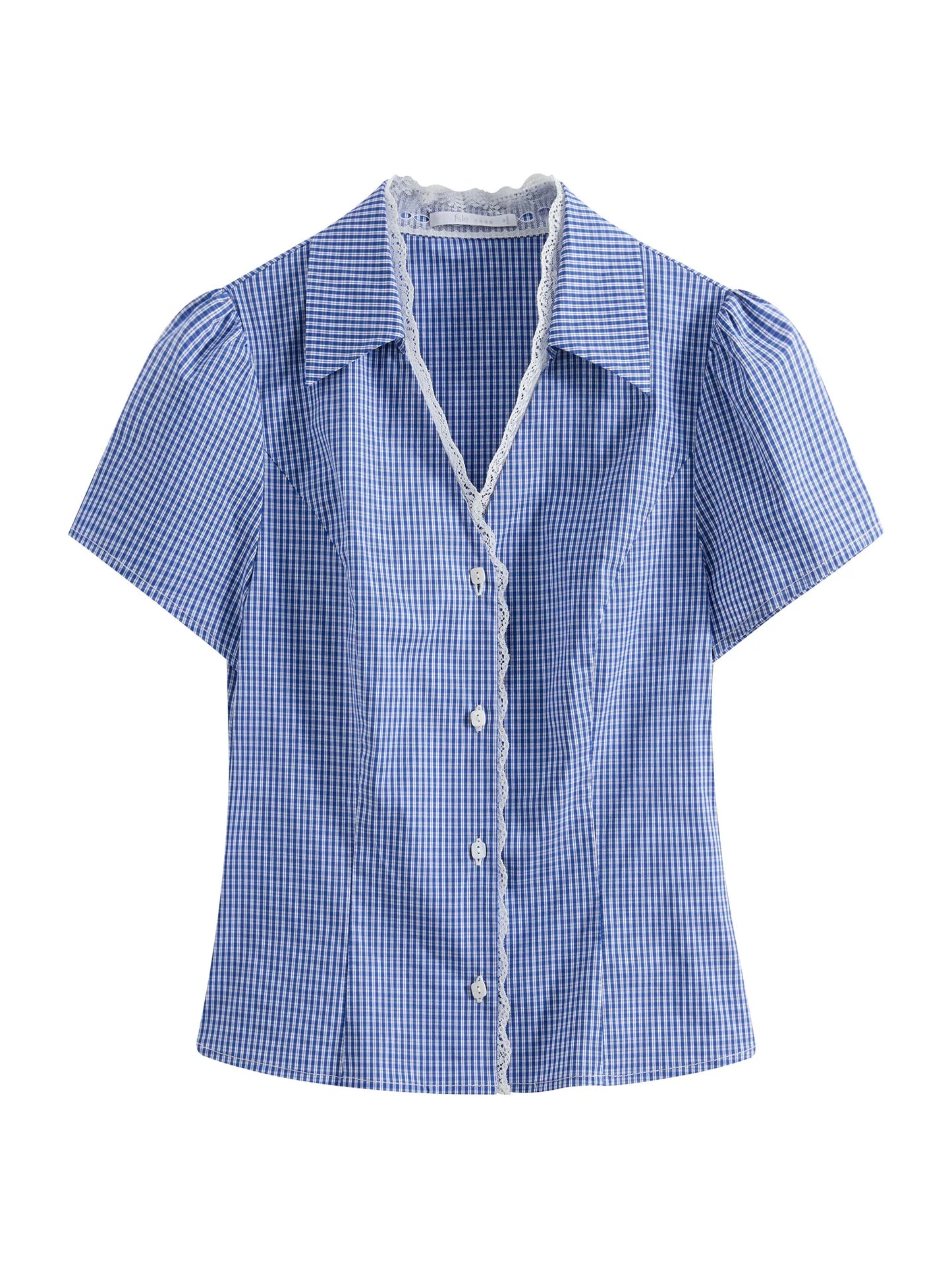 Saviig Summer French Lace Checkered Collar Blouse Linen-Blend Slim Fit Women's Top