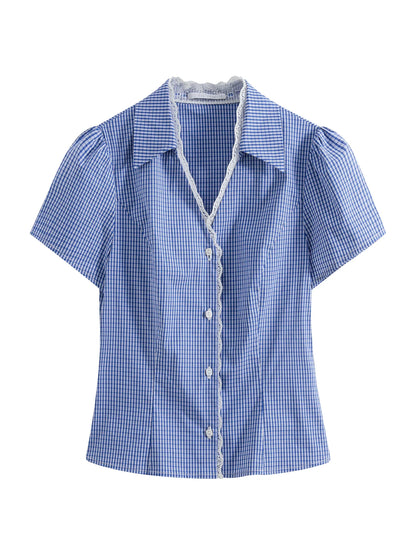 Saviig Summer French Lace Checkered Collar Blouse Linen-Blend Slim Fit Women's Top