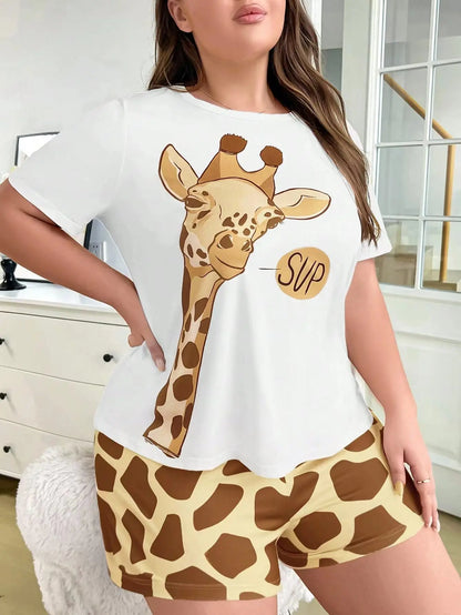 Saviig Giraffe Print Milk Silk Pajama Set for Plus Size Women