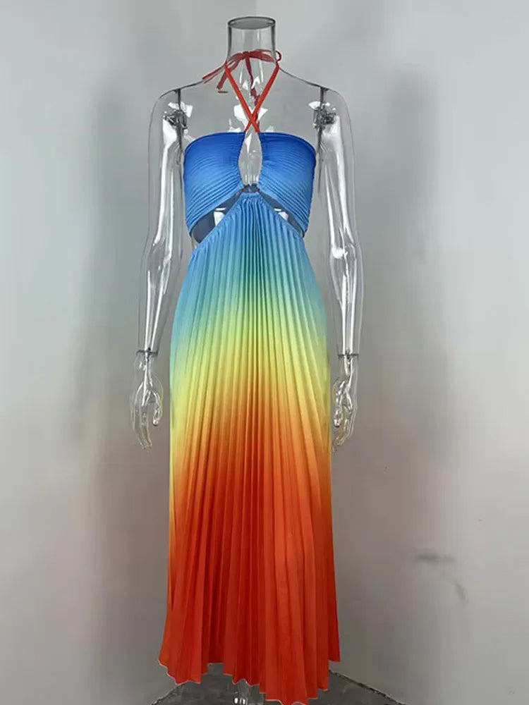 Saviig Printed Gradient Halter Long Dress Hollow Out Vacation Robe