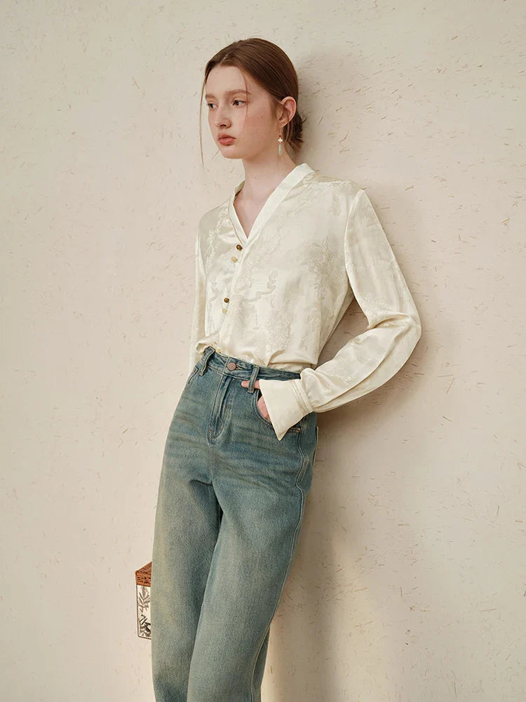 Saviig 2024 Spring V-neck Acetic Acid Shirt - Light National Style Top