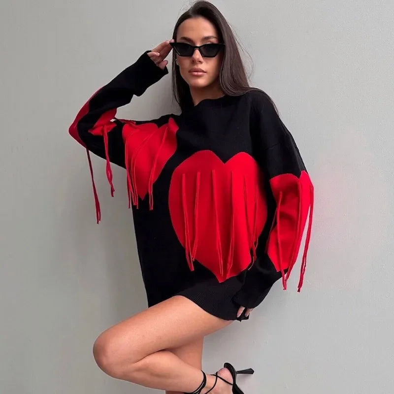 Saviig Heart Print O-Neck Sweater: Women's Casual Knit Pullover with Tassels