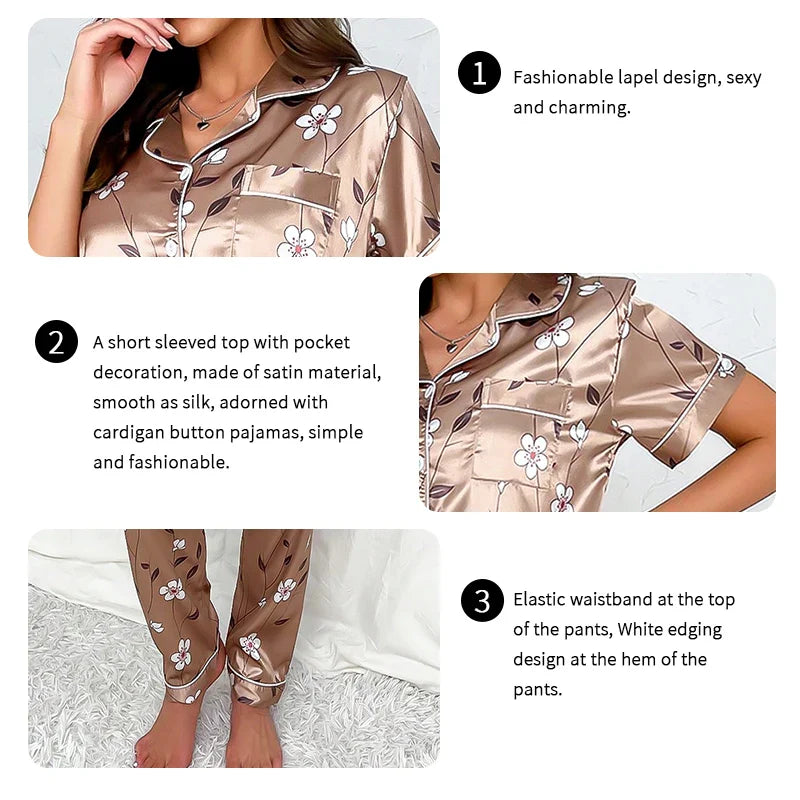 Saviig Womens Floral Pajama Set Short Sleeve Top & Elastic Waist Pants