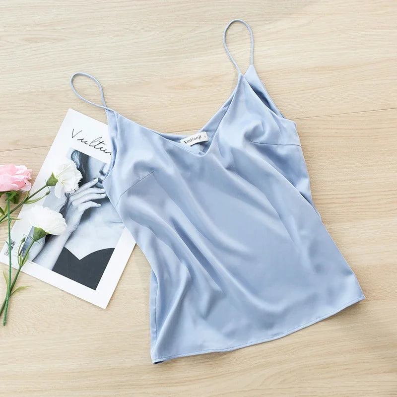 Saviig Satin V-Neck Camisole Top: Chic Sleeveless Tank for Summer
