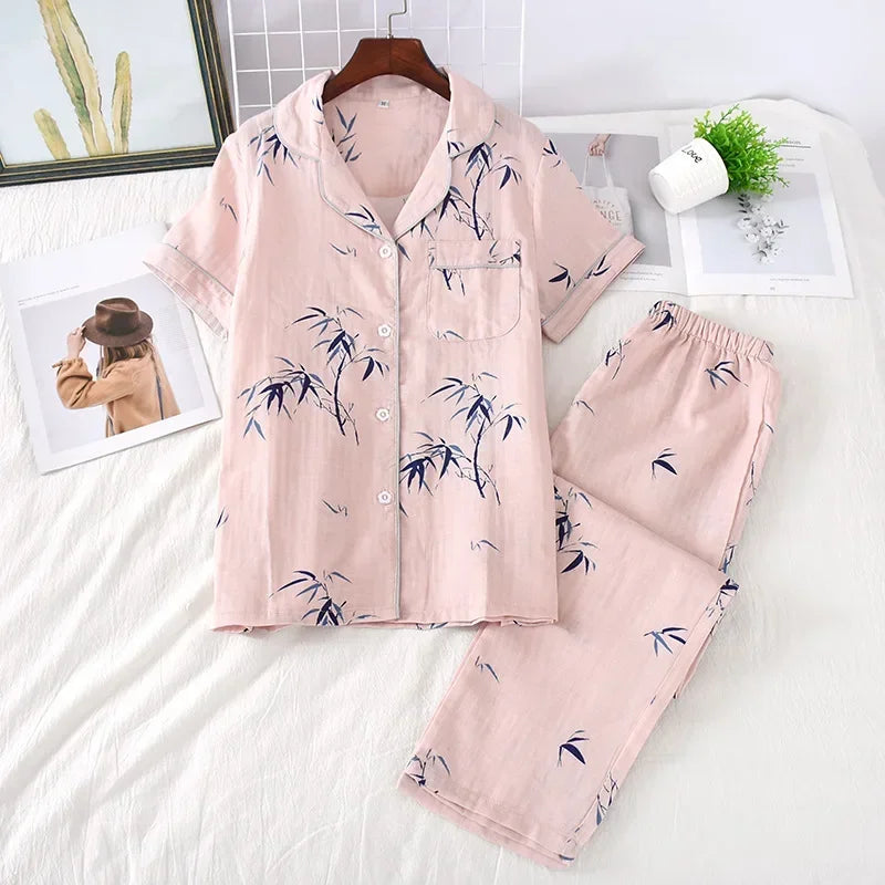 Saviig Cotton Gauze Women's Pajama Set: Short-Sleeve Top & Pants, Cute & Lightweight