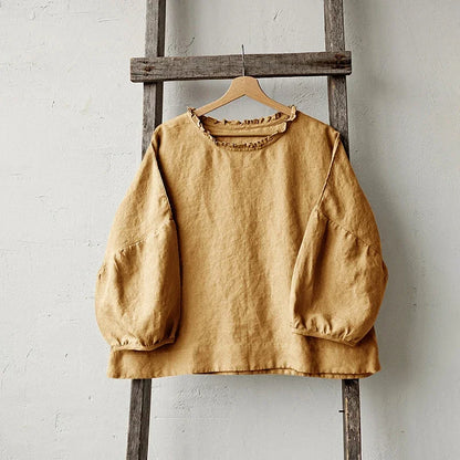 Saviig Ruffled Linen Women's T-Shirt: Casual Loose Fit, O-Neck, Long Sleeve Top