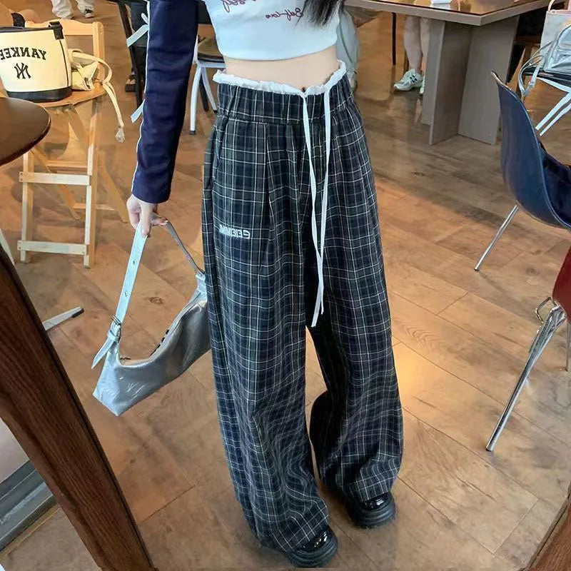 Saviig Retro Plaid Patchwork Pants: Wide Leg Elastic Waist Check Trousers for Women