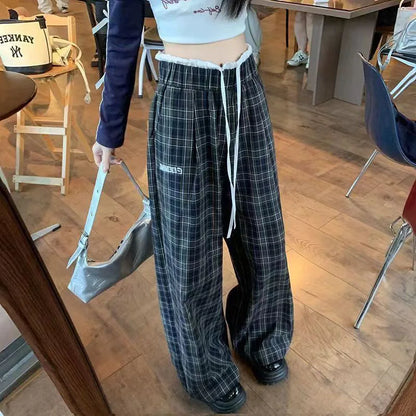 Saviig Retro Plaid Patchwork Pants: Wide Leg Elastic Waist Check Trousers for Women