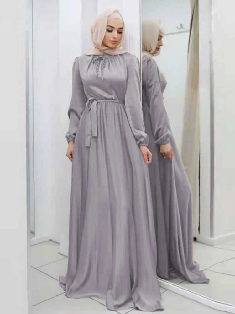 Saviig Lace-Up Satin Maxi Dress with Long Sleeves for Women Muslim Abaya