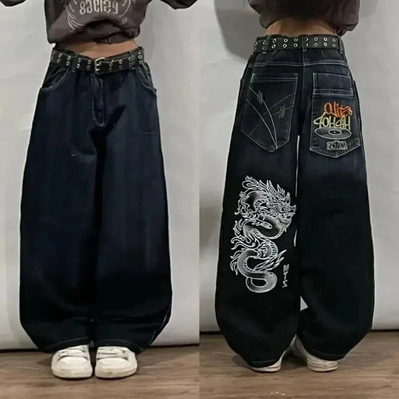 Saviig Black Washed Baggy Jeans: High Waist Wide Leg Pants