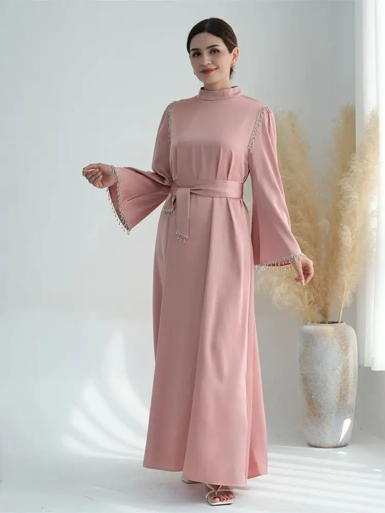 Saviig Ramadan Satin Diamond Abaya Dress for Muslim Women