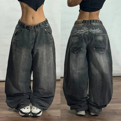 Saviig Vintage Oversized Letter Embroidery High Waist Wide Leg Jeans Harajuku Hip Hop