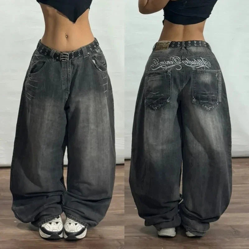 Saviig Vintage Oversized Letter Embroidery High Waist Wide Leg Jeans Harajuku Hip Hop