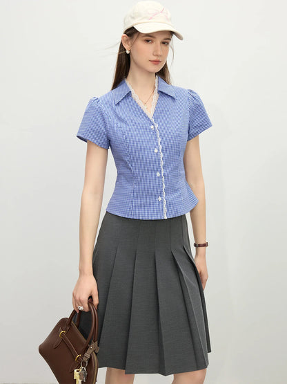 Saviig Summer French Lace Checkered Collar Blouse Linen-Blend Slim Fit Women's Top