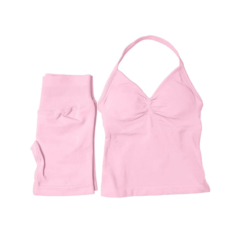 Saviig Impact Yoga Set: Longline Strappy Top & Shorts - Women's Gym Fitness Suit