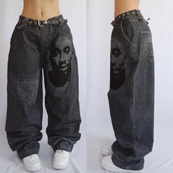 Saviig Black Letter Print Baggy Jeans: High Waist Gothic Wide Leg Trousers