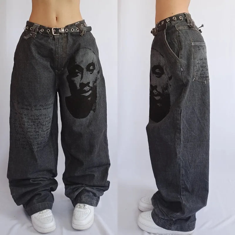 Saviig Black Letter Print Baggy Jeans: High Waist Gothic Wide Leg Trousers