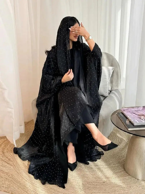 Saviig Ramadan Wave Point Black Kimono Abaya for Modest Muslim Women